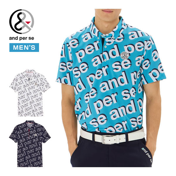 アンパスィ and per se スイングドライ エアリードット ロゴ総柄 ボタンダウン 半袖 ポロシャツ ゴルフウェア メンズ M-3L AMS9615X7