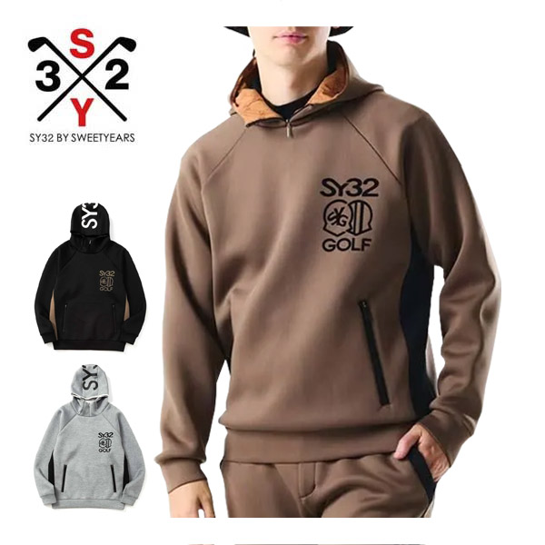 SY32 by SWEET YEARS ストレッチダンボール エンブレム プリント プルオーバー フーディー ゴルフウェア メンズ 2025年秋冬モデル M-XL SYG-25A1-06
