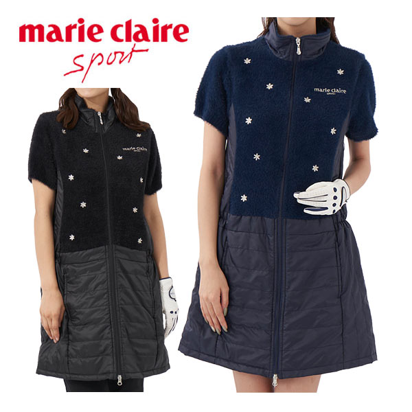 マリクレール ゴルフ レディースウェア 異素材 ハイブリッド フルジップ 中綿 ニット 半袖ワンピース 732-403 M-LL