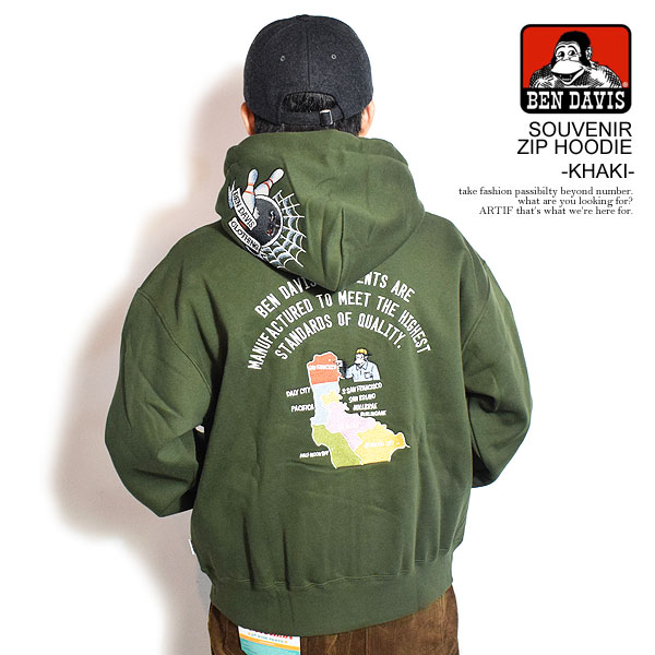BEN DAVIS ベンデイビス SOUVENIR ZIP HOODIE -KHAKI- メンズ パーカー ジップパーカー 裏起毛 ヘビーウェイト 送料無料 atftps