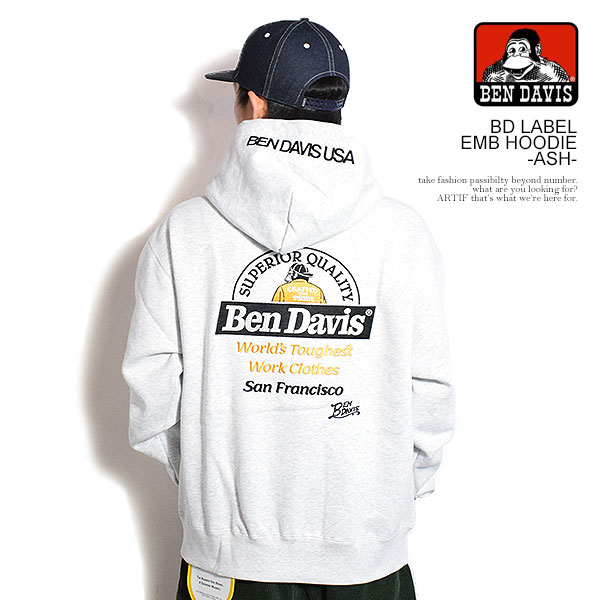 BEN DAVIS ベンデイビス BD LABEL EMB HOODIE -ASH- メンズ パーカー プルオーバー スウェット 裏起毛 ヘビーウェイト atftps