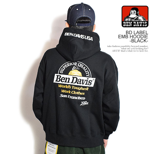 BEN DAVIS ベンデイビス BD LABEL EMB HOODIE -BLACK- メンズ パーカー プルオーバー スウェット 裏起毛 ヘビーウェイト atftps