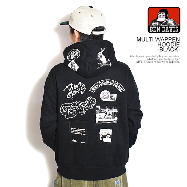 BEN DAVIS ベンデイビス MULTI WAPPEN HOODIE -BLACK- メンズ パーカー プルオーバー スウェット 裏起毛 ヘビーウェイト atftps