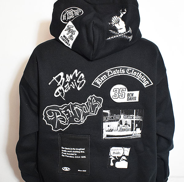 BEN DAVIS ベンデイビス MULTI WAPPEN HOODIE -BLACK- メンズ パーカー プルオーバー スウェット 裏起毛 ヘビーウェイト atftps