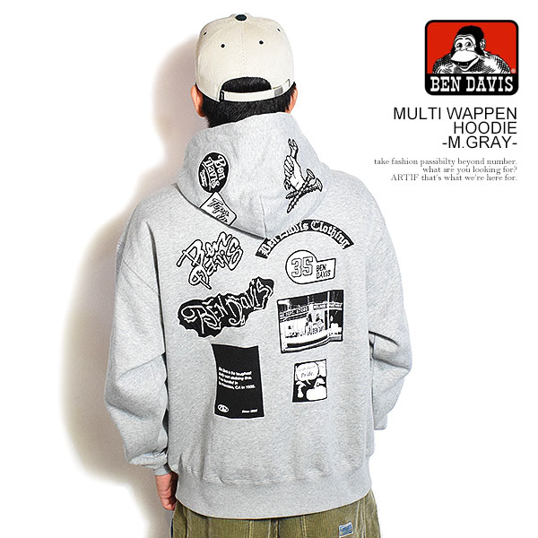 BEN DAVIS ベンデイビス MULTI WAPPEN HOODIE -M.GRAY- パーカー プルオーバー スウェット 裏起毛 ヘビーウェイト atftps