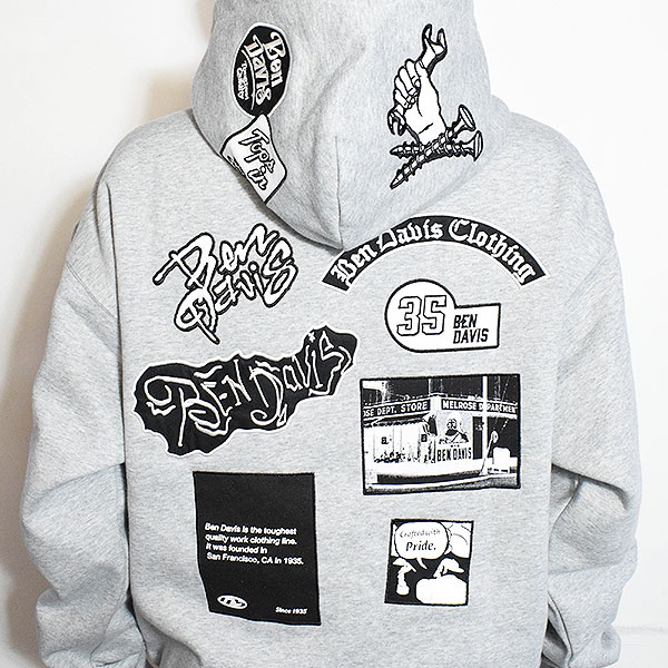 BEN DAVIS ベンデイビス MULTI WAPPEN HOODIE -M.GRAY- パーカー プルオーバー スウェット 裏起毛 ヘビーウェイト atftps
