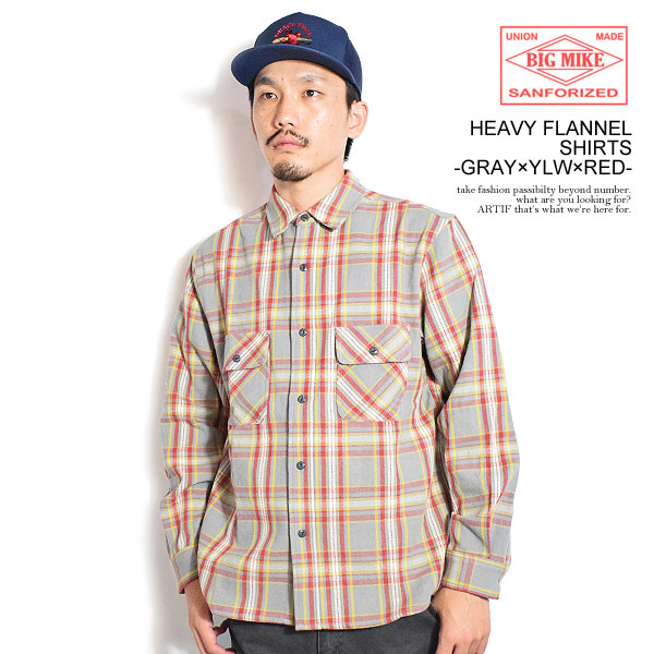 BIG MIKE ビッグマイク HEAVY FLANNEL SHIRTS -GRAY×YLW×RED- メンズ シャツ 長袖 チェックシャツ ネルシャツ 送料無料 atftps