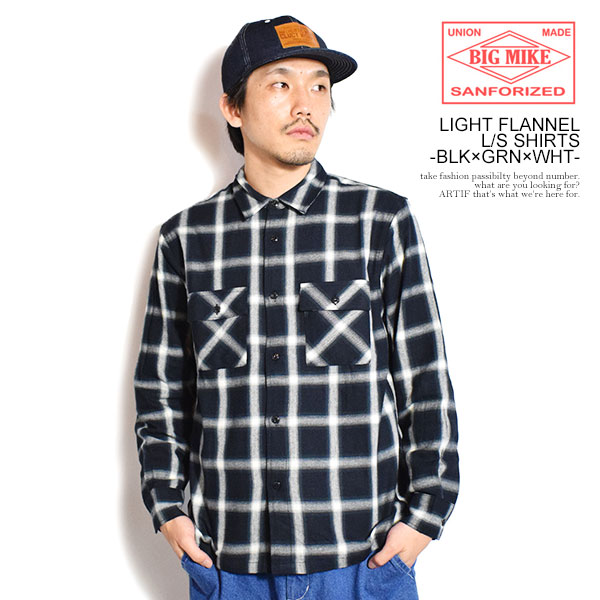 BIG MIKE ビッグマイク LIGHT FLANNEL L/S SHIRTS -BLK×GRN×WHT- シャツ 長袖 チェックシャツ ネルシャツ 送料無料 atftps