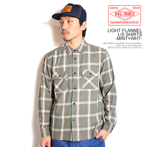 BIG MIKE ビッグマイク LIGHT FLANNEL L/S SHIRTS -MINT×WHT- シャツ 長袖 チェックシャツ ネルシャツ 送料無料 atftps