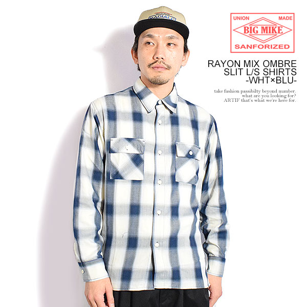 BIG MIKE ビッグマイク RAYON MIX OMBRE SLIT L/S SHIRTS -WHT×BLU- メンズ シャツ 長袖 チェックシャツ レーヨンシャツ atftps