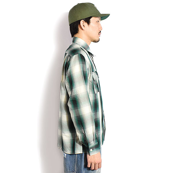 BIG MIKE ビッグマイク RAYON MIX OMBRE SLIT L/S SHIRTS -WHT×GRN×BLK- シャツ 長袖 チェックシャツ レーヨンシャツ atftps_1