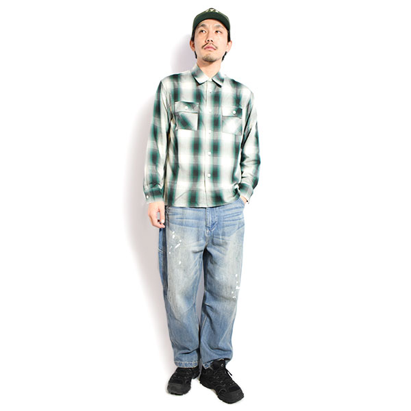 BIG MIKE ビッグマイク RAYON MIX OMBRE SLIT L/S SHIRTS -WHT×GRN×BLK- シャツ 長袖 チェックシャツ レーヨンシャツ atftps_5