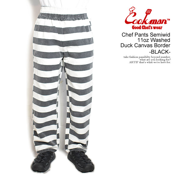 COOKMAN クックマン Chef Pants Semiwide11oz Washed Duck Canvas Border -BLACK- パンツ シェフパンツ セミワイド atfpts