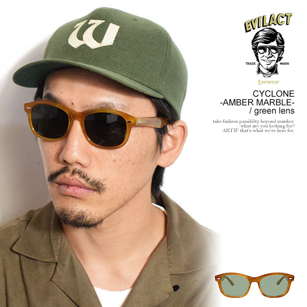 EVILACT EYEWEAR イーブルアクト アイウェア CYCLONE -AMBER MARBLE- / green lens サングラス バイカーシェード atfacc