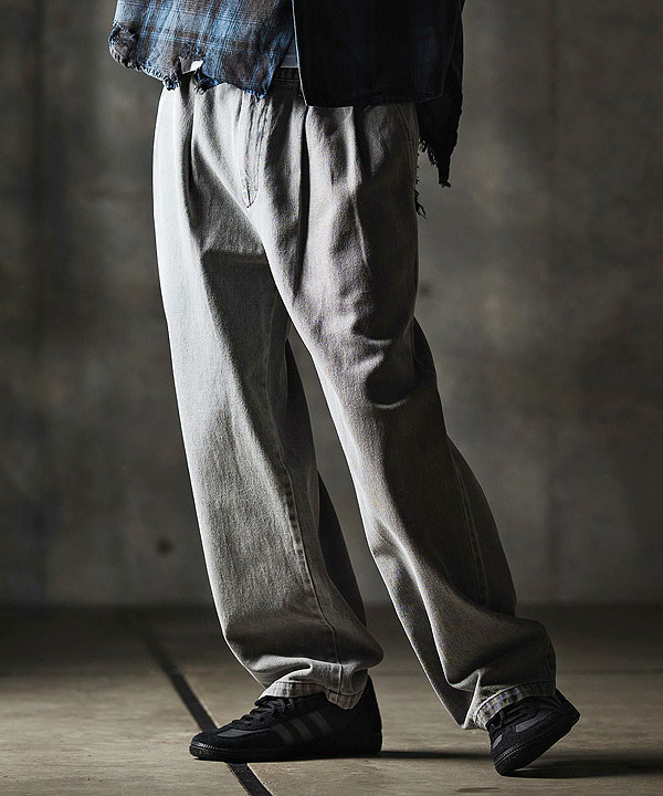 2025 秋冬 1st 先行予約 8月中旬〜下旬入荷予定 GLIMCLAP グリムクラップ Denim wide-leg trousers -Distressed for a vintage look-