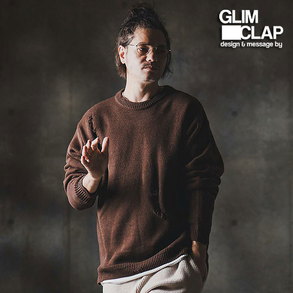 2025 秋冬 1st 先行予約 9月上旬〜中旬入荷予定 GLIMCLAP グリムクラップ Mid-gauge crewneck sweater -Distressed for a vintage look-