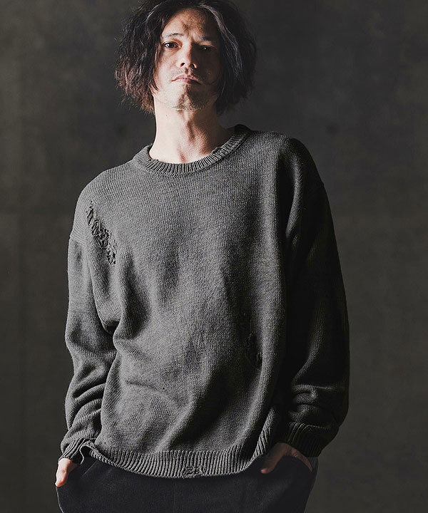 2025 秋冬 1st 先行予約 9月上旬〜中旬入荷予定 GLIMCLAP グリムクラップ Mid-gauge crewneck sweater -Distressed for a vintage look-