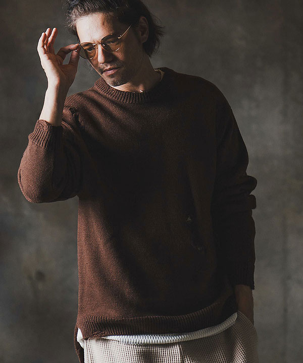 2025 秋冬 1st 先行予約 9月上旬〜中旬入荷予定 GLIMCLAP グリムクラップ Mid-gauge crewneck sweater -Distressed for a vintage look-