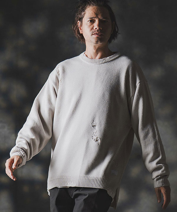 2025 秋冬 1st 先行予約 9月上旬〜中旬入荷予定 GLIMCLAP グリムクラップ Mid-gauge crewneck sweater -Distressed for a vintage look-