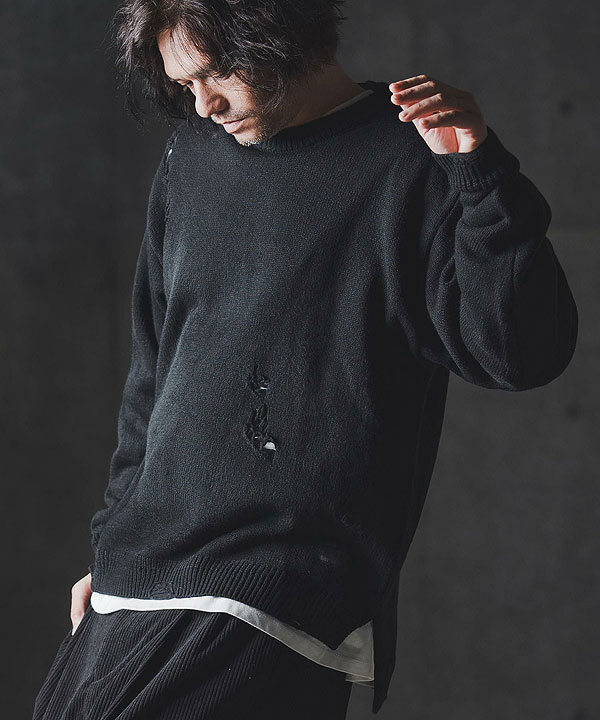 2025 秋冬 1st 先行予約 9月上旬〜中旬入荷予定 GLIMCLAP グリムクラップ Mid-gauge crewneck sweater -Distressed for a vintage look-