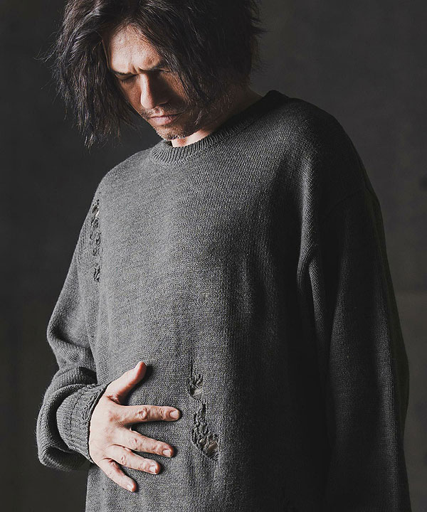 2025 秋冬 1st 先行予約 9月上旬〜中旬入荷予定 GLIMCLAP グリムクラップ Mid-gauge crewneck sweater -Distressed for a vintage look-