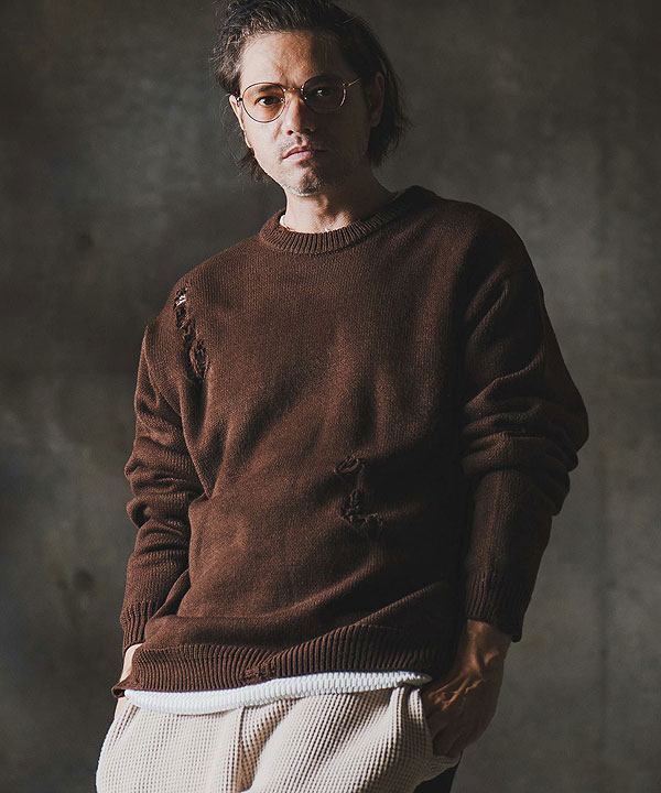 2025 秋冬 1st 先行予約 9月上旬〜中旬入荷予定 GLIMCLAP グリムクラップ Mid-gauge crewneck sweater -Distressed for a vintage look-