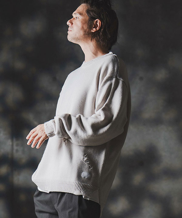 2025 秋冬 1st 先行予約 9月上旬〜中旬入荷予定 GLIMCLAP グリムクラップ Mid-gauge crewneck sweater -Distressed for a vintage look-