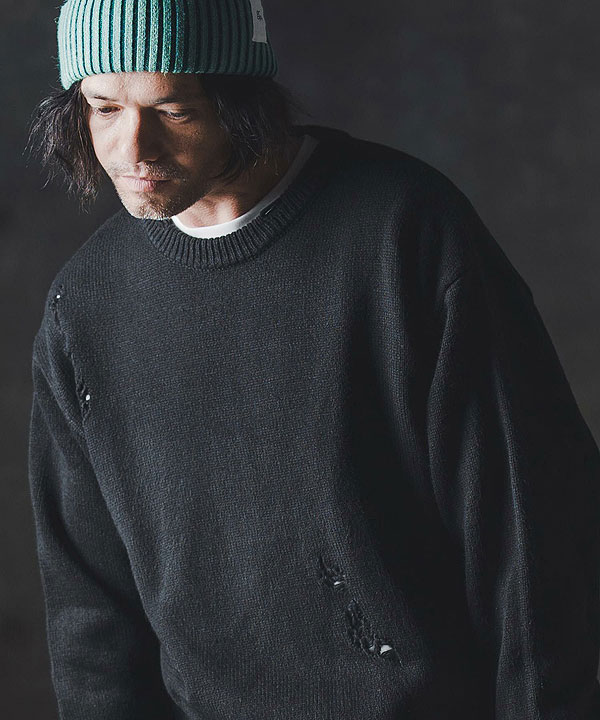 2025 秋冬 1st 先行予約 9月上旬〜中旬入荷予定 GLIMCLAP グリムクラップ Mid-gauge crewneck sweater -Distressed for a vintage look-