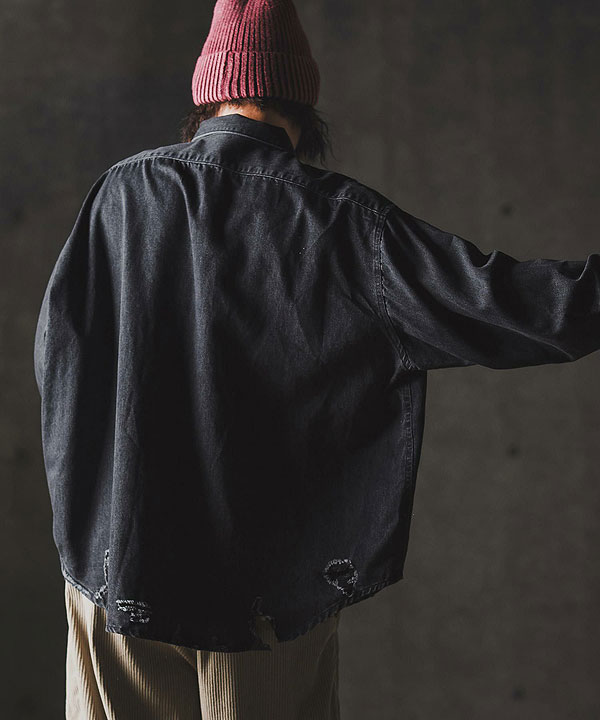 2025 秋冬 1st 先行予約 8月中旬〜下旬入荷予定 GLIMCLAP グリムクラップ Ripped denim shirt メンズ シャツ キャンセル不可 atftps_8