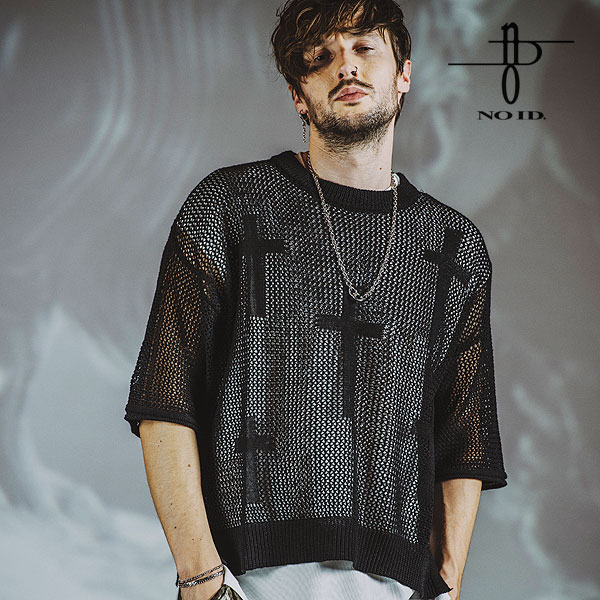 50％OFF SALE セール NO ID. BLACK ノーアイディー クロスモチーフレイヤードシアーニットC/N-PO メンズ atftpsの通販は