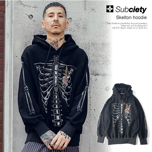 SUBCIETY サブサエティ Skelton hoodie subciety メンズ パーカー プルオーバー スウェット ウォッシュ加工 送料無料 ストリート atftps