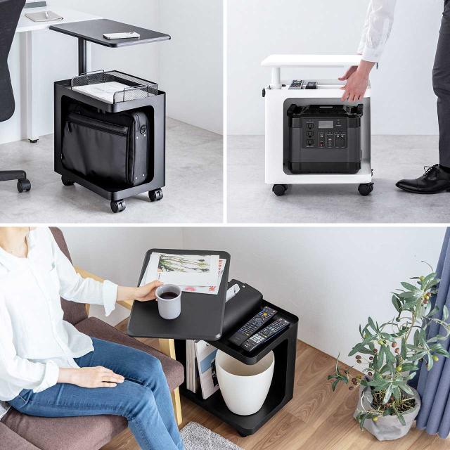 昇降式デスクキャビネット オープンキャビネット デスクワゴン ポータブル電源収納台 プロジェクター台 サイドデスク デスク下収納 ソファーサイドテーブル キャスター付き ブラック ホワイト[100-SNW027]_2