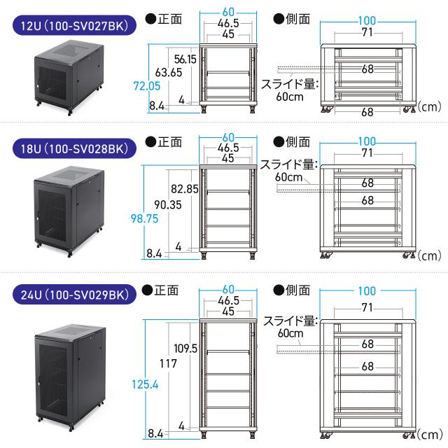 サーバーラック 19インチ 小型 12U 奥行100cm メッシュパネル 棚板×2枚
