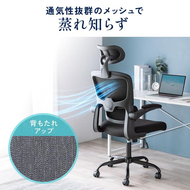 メッシュチェア オフィスチェア ロッキング 肘跳ね上げ 2Dアームレスト ミドルバック ヘッドレスト付き S字カープ ランバーサポート[150-SNCM43]_2