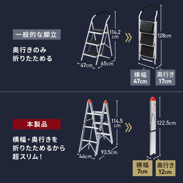 脚立 コンパクト スリム 収納 3段 軽量 アルミフレーム 車載 耐荷重 