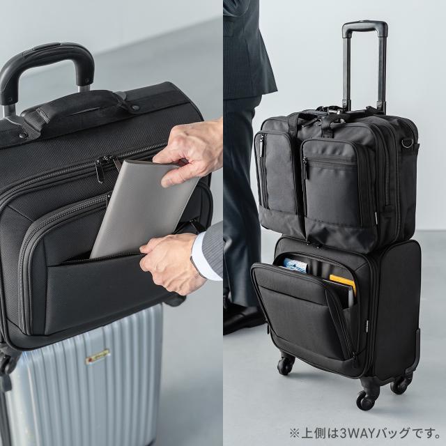 ビジネスキャリーバッグ 横型 容量20L フロントオープン 4輪 1〜2泊 小型 機内持ち込み ビジネスバッグ 出張 法人 ブラック[200-BAGCR014BK]_2