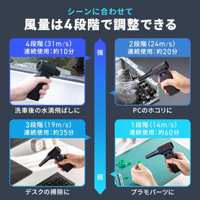 電動エアダスター ノズル5種類付属 LEDライト 最大風速31m/s