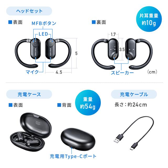 オープンイヤー型 ワイヤレスイヤホン Bluetooth5.4 IPX5 防水 空気