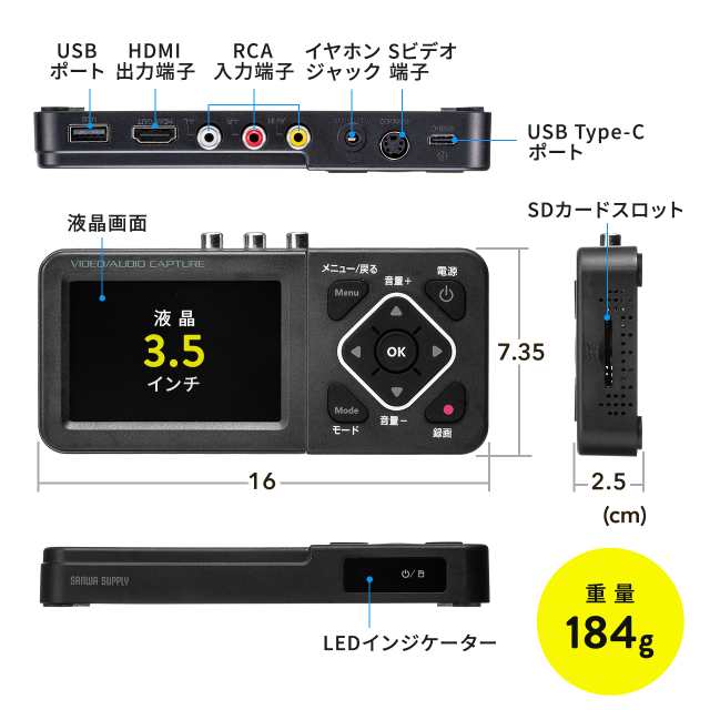 ビデオキャプチャー ビデオデジタル機 デジタル保存 ビデオテープ テープダビング モニター確認 USB/SD保存 HDMI出力 映像録画 音声録音[