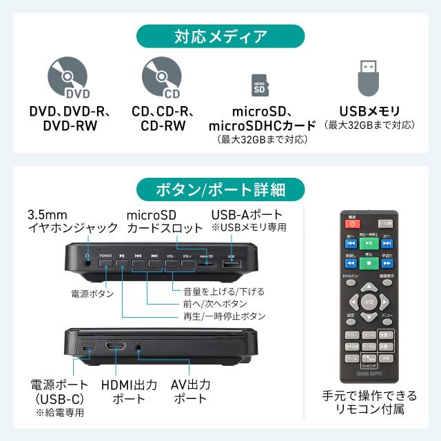 ミニDVDプレーヤー CD 再生専用 USB給電 リージョンフリー 地デジ CPRM