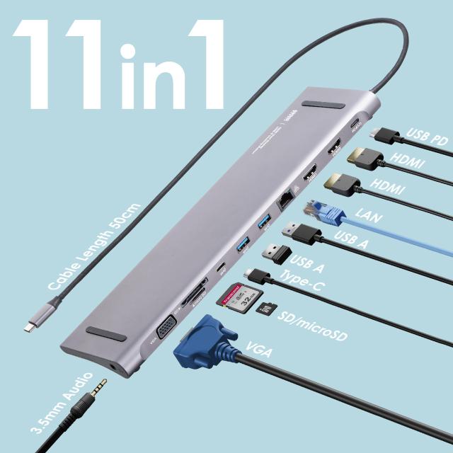 ドッキングステーション USB-C 2画面出力 HDMI×2 + VGA フルHD スタンド型 PD100W 11in1 USBハブ ケーブル一体型 法人[400-VGA028]_2