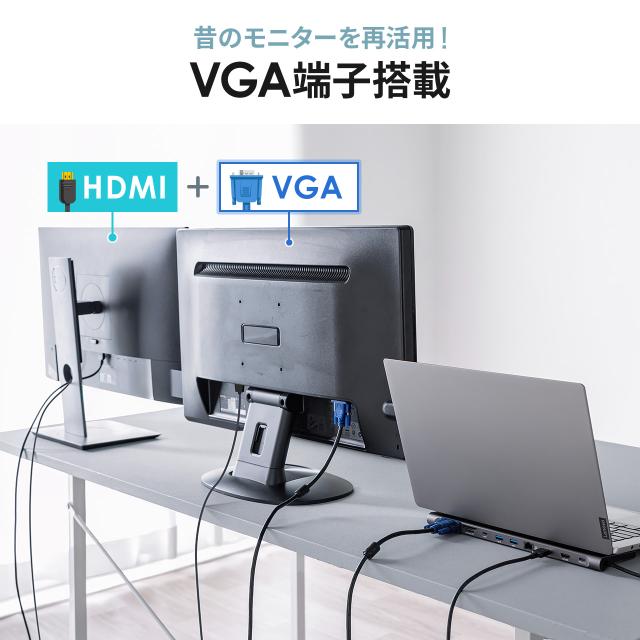 ドッキングステーション USB-C 2画面出力 HDMI×2 + VGA フルHD スタンド型 PD100W 11in1 USBハブ ケーブル一体型 法人[400-VGA028]_3