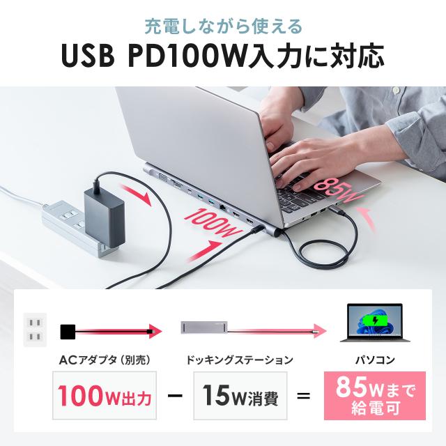 ドッキングステーション USB-C 2画面出力 HDMI×2 + VGA フルHD スタンド型 PD100W 11in1 USBハブ ケーブル一体型 法人[400-VGA028]_6