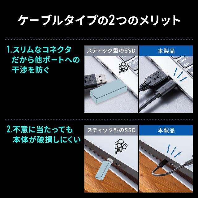 ポータブルSSD 2TB 読出最大2000MB/s 超小型 USB Type-C接続 USB20Gbps USB3.2 Gen2×2 ケーブル型 シルバー[600-USSH2TB]_10