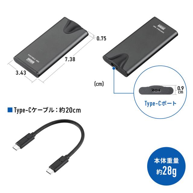 ポータブルSSD 2TB 読出最大2000MB/s 超小型 USB Type-C接続 USB20Gbps USB3.2 Gen2×2 ケーブル型 シルバー[600-USSH2TB]_13