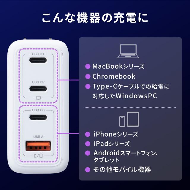 USB-C充電器 PD 充電器 100W 4ポート Type-C×3 USB-A×1 GaN採用
