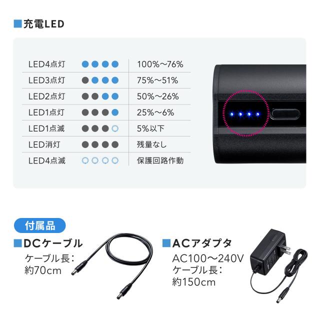 DC12V機器用モバイルバッテリー リン酸鉄リチウムイオン電池 PSE適合品 12000mAh 38.4Wh 低電力機器対応 飛行機内持ち込み可[700-BTL059]_10