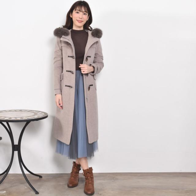 カシミヤ & ウール ダッフル コート ロング丈 フォックス トリム (CA3302) ウールコート カシミア カシミヤ ブレンド ウール フォックスファー フードコート フード付 アウター レディース ミセス きれいめ プレゼント ギフト[Merfirge]_7