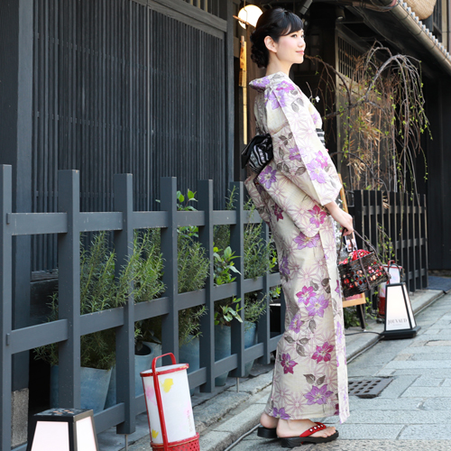 浴衣 セット レトロ S M  大人 レトロモダン 高級変わり織り綿麻浴衣3点セット「生成り地に紫桔梗と麻の葉」浴衣 生成り 紫 黒 桔梗 麻の葉 レディース 浴衣 セット レトロ S M 大人 レトロモダン 高級変わり織り綿麻浴衣3点