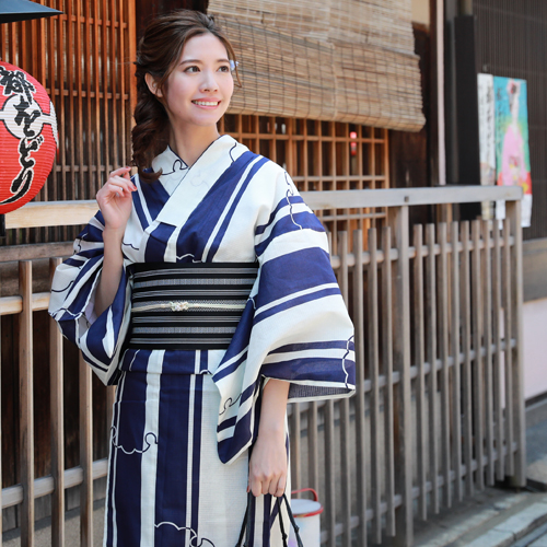 浴衣 セット レトロ 大人 レトロモダン レディース 高級変わり織り綿浴衣3点セット ジュニアサイズ 「生成り地に紺の縞と雪輪」 浴衣 紺 粋 浴衣 セット レトロ 大人 レトロモダン レディース 高級変わり織り綿